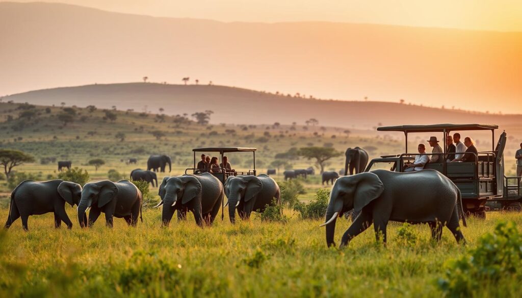 A safari scene in the heart of the Tanzanian wilderness, showcasing the conservation efforts of the Zamadam Adventure eco-tourism company. In the foreground, a herd of majestic elephants grazes peacefully, their movements captured by a skilled photographer using a long lens. The middle ground features a group of visitors observing the animals from a well-camouflaged safari vehicle, their faces filled with awe and reverence. In the background, the lush, verdant landscape stretches out, dotted with acacia trees and rolling hills. The warm, golden light of the setting sun casts a soft, ethereal glow over the entire scene, creating a sense of tranquility and harmony between man and nature. A safari scene in the heart of the Tanzanian wilderness, showcasing the conservation efforts of the Zamadam Adventure eco-tourism company. In the foreground, a herd of majestic elephants grazes peacefully, their movements captured by a skilled photographer using a long lens. The middle ground features a group of visitors observing the animals from a well-camouflaged safari vehicle, their faces filled with awe and reverence. In the background, the lush, verdant landscape stretches out, dotted with acacia trees and rolling hills. The warm, golden light of the setting sun casts a soft, ethereal glow over the entire scene, creating a sense of tranquility and harmony between man and nature.
