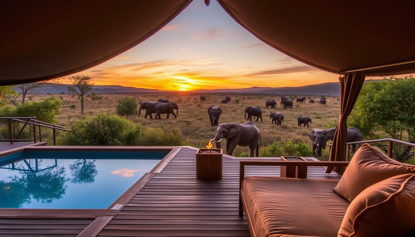 A stunning safari camp in the heart of the Tanzanian wilderness, nestled among lush vegetation and rolling hills. The Zamadam Adventure's luxury tents offer panoramic views of the surrounding landscape, with wooden decks and plush furnishings. Soft, warm lighting casts a cozy glow, inviting guests to relax and unwind after a day of exploring the magnificent national parks. In the distance, a herd of elephants grazes peacefully, their trunks swaying in the gentle breeze. The camp's infinity pool reflects the vibrant colors of the setting sun, creating a serene and tranquil atmosphere. Guests can indulge in gourmet meals prepared with local ingredients, while enjoying the sights and sounds of the African bush.