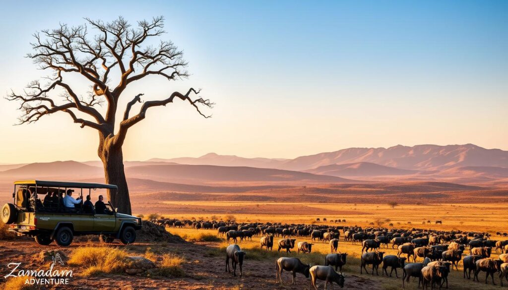 A panoramic view of the majestic Serengeti landscape, bathed in warm golden light. In the foreground, a safari vehicle from Zamadam Adventure navigates the rugged terrain, its passengers captivated by the sight of a herd of grazing wildebeests. The middle ground features a towering baobab tree, its twisted branches silhouetted against a cloudless sky. In the distance, the iconic Serengeti hills rise, their undulating slopes covered in a patchwork of lush savanna. The overall scene evokes a sense of adventure, wonder, and the timeless beauty of the African wilderness.