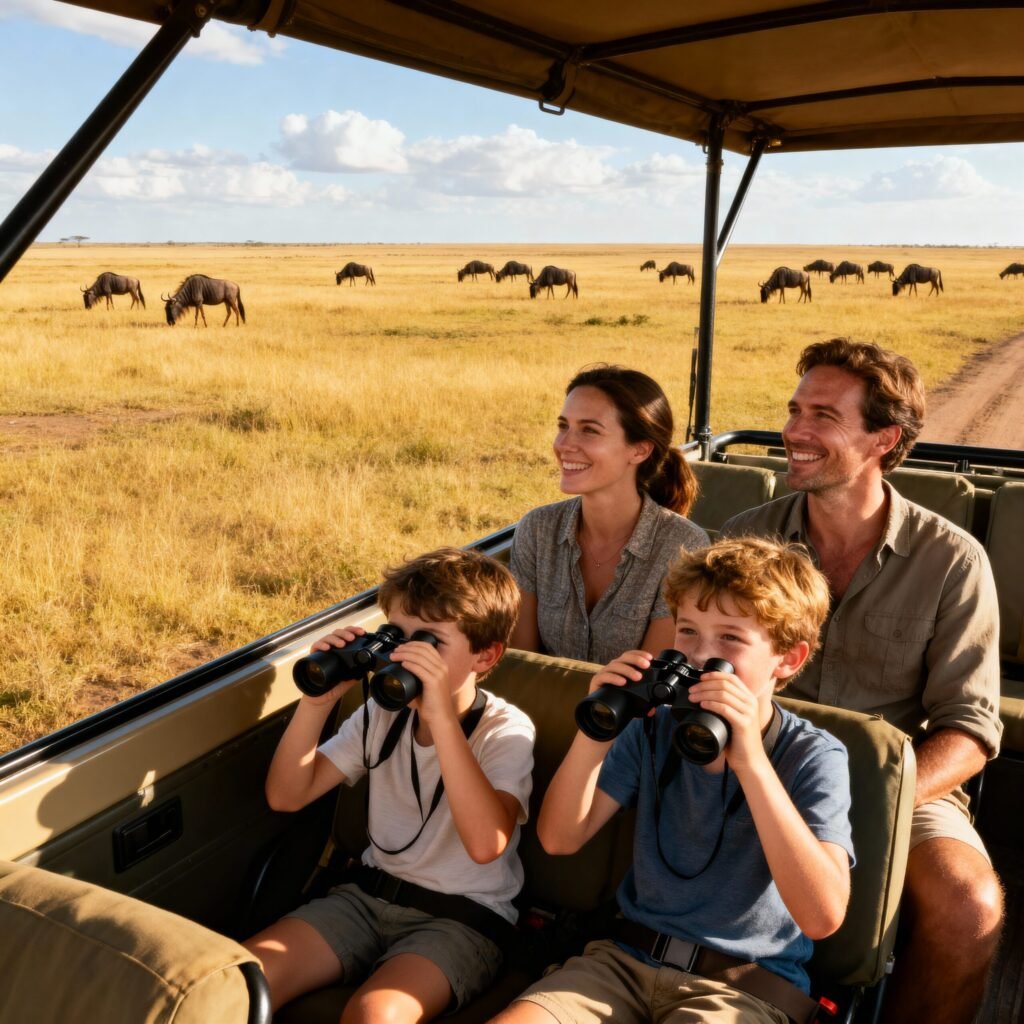Guided family safari in a Tanzania park vehicle