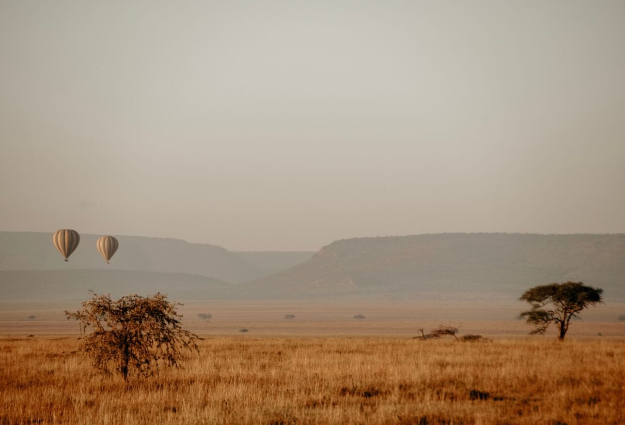 Hot air balloons over Serengeti landscape at sunrise for a Tanzania honeymoon safari